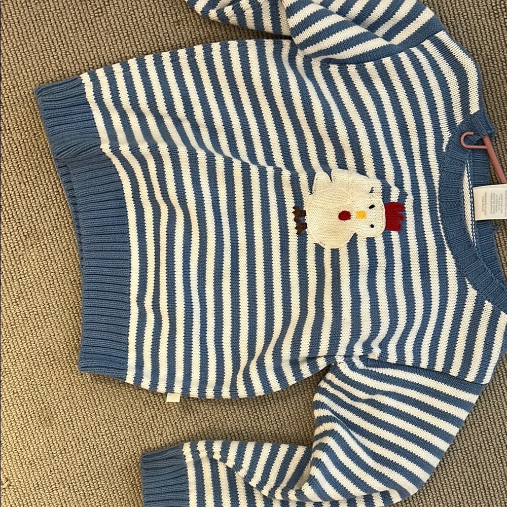 Bella Bliss Blue and White Striped Sweater with Chicken Design